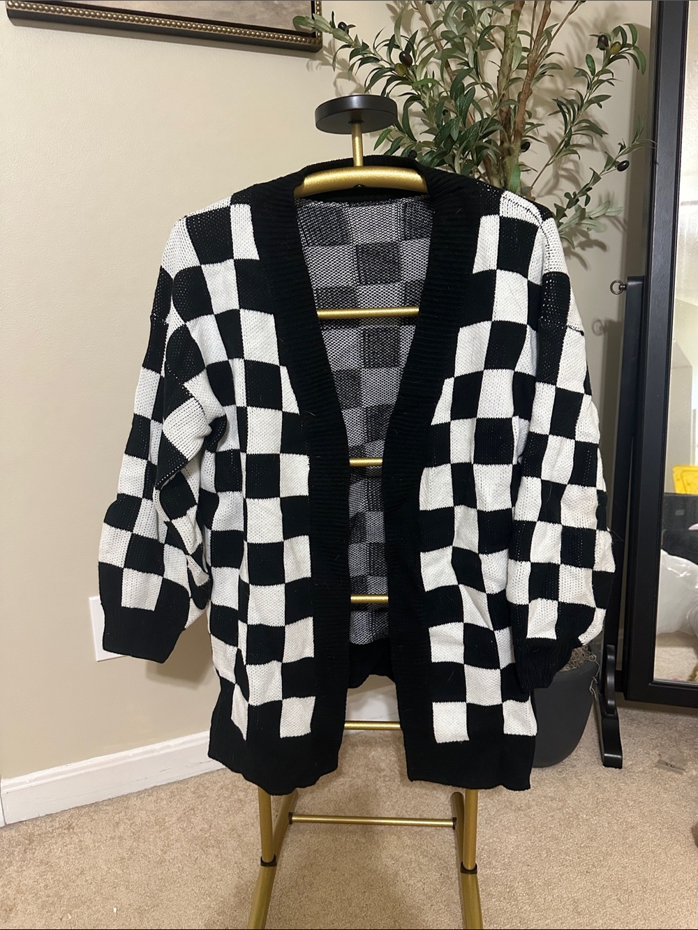 Open-Front Black & White Checkerboard Knit Cardigan